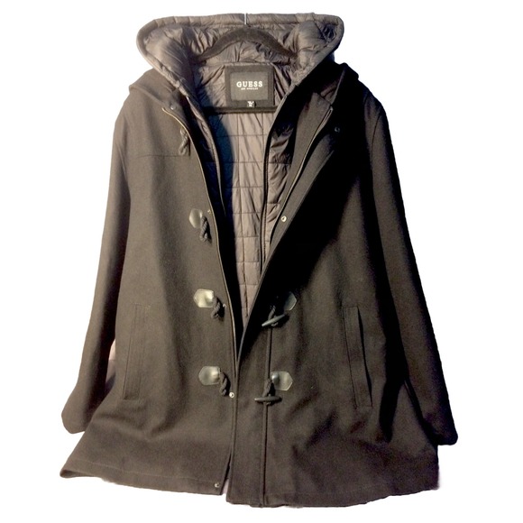 Guess Wool Jacket Men's 2XL Black Toggle Button removable bib/hood liner